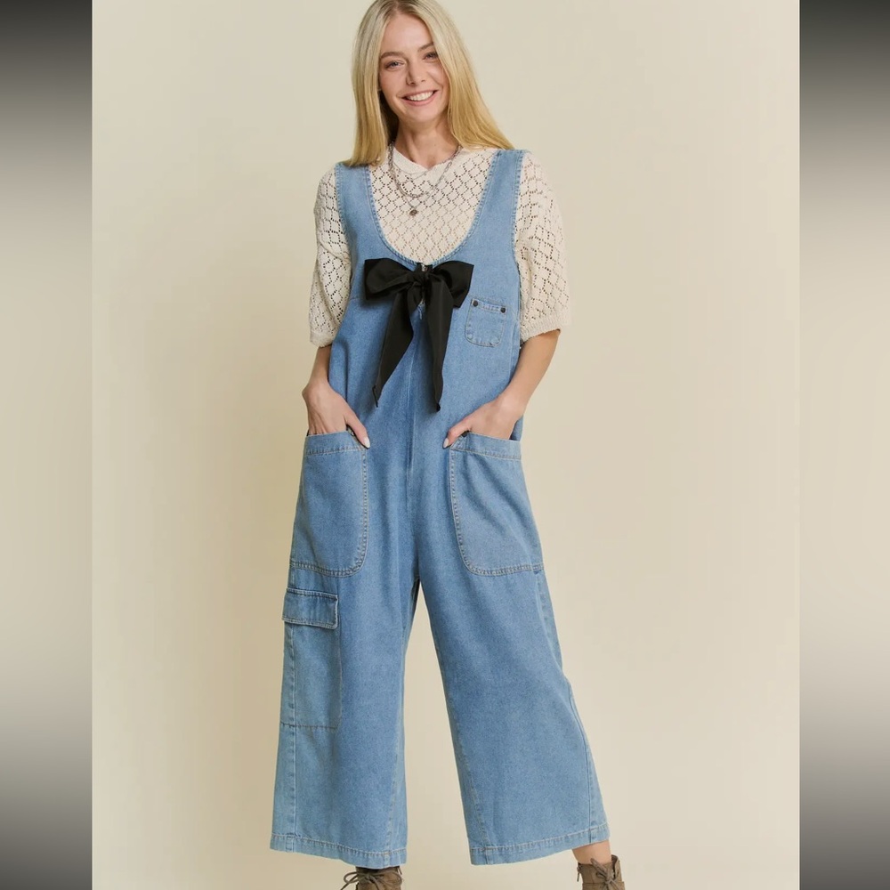 Blue Denim Overalls with Relaxed Fit and Tie-Front